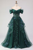 Vestido largo de graduación de graduación largo de fin de curso verde oscuro de lentejuelas verde oscuro brillante, con corte de lentejuelas y fruncido