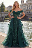 Vestido largo de graduación de graduación largo de fin de curso verde oscuro de lentejuelas verde oscuro brillante, con corte de lentejuelas y fruncido