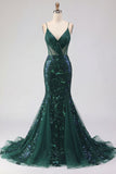 Vestido largo largo de baile de tul de lentejuelas con tirantes finos de sirena verde oscuro brillante y apliques