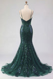 Vestido largo largo de baile de tul de lentejuelas con tirantes finos de sirena verde oscuro brillante y apliques