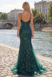 Vestido largo largo de baile de tul de lentejuelas con tirantes finos de sirena verde oscuro brillante y apliques