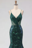 Vestido largo largo de baile de tul de lentejuelas con tirantes finos de sirena verde oscuro brillante y apliques