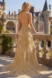 Vestido largo largo de graduación largo de finación con brillante A-Line A-Line Dorado y brillante con cuentas