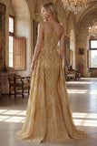 Vestido largo largo de baile de sirena dorada brillante con cuentas de un hombro y cola de capilla