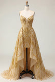 Vestido de graduación mini de baile con corsé dorado y cuentas con volantes y cola capilla