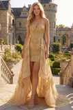 Vestido de graduación mini de baile con corsé dorado y cuentas con volantes y cola capilla
