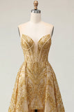 Vestido de graduación mini de baile con corsé dorado y cuentas con volantes y cola capilla