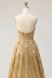 Vestido de graduación mini de baile con corsé dorado y cuentas con volantes y cola capilla
