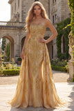 Vestido de baile de sirena dorado sin tirantes brillante con caída lateral