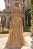 Vestido de baile de sirena dorado sin tirantes brillante con caída lateral