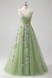 Vestido de baile de tul de la línea A de tirantes finos verdes