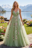 Vestido de baile de tul de la línea A de tirantes finos verdes