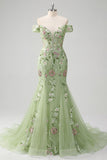 Vestido de baile de tul bordado con sirena verde de hombros descubiertos