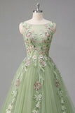 Vestido de graduación verde con escote bateau floral y aplicación de línea A