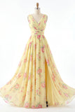 Vestido de graduación floral amarillo de línea en V con abertura
