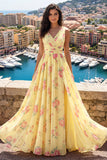 Vestido de graduación floral amarillo de línea en V con abertura