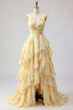 Vestido largo largo de graduación con escote en V amarillo y flecos de línea A