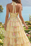 Vestido largo largo floral de A Línea A con volantes