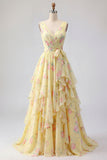 Vestido largo largo de graduación amarillo floral con escote en V y volantes y lazo