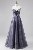 Vestido de graduación largo con lazo de Celestial Midnight Encantador Estrellado en línea A.