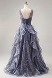 Elegante vestido de graduación azul polvoriento de tul con escote en V y volantes escalonados