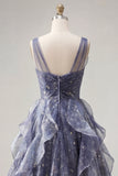 Elegante vestido de graduación azul polvoriento de tul con escote en V y volantes escalonados