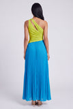 Vestido Maxi plisado y fruncido de un hombro verde y azul de línea A