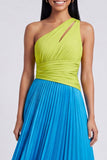 Vestido Maxi plisado y fruncido de un hombro verde y azul de línea A