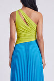 Vestido Maxi plisado y fruncido de un hombro verde y azul de línea A