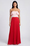 Vestido largo plisado rosa y rojo con líneas A descubiertos y volantes
