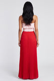 Vestido largo plisado rosa y rojo con líneas A descubiertos y volantes