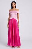 Vestido largo plisado plisado de raso rosa satinado y fucsia en línea A