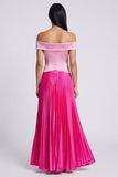 Vestido largo plisado plisado de raso rosa satinado y fucsia en línea A