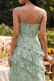 Vestido largo floral de salvia con tirantes finos y volantes con abertura