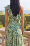 Vestido largo de flores asimétrica de un solo hombro verde polvoriento con volantes