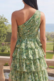 Vestido Maxi de un solo hombro verde polvoriento floral Línea A