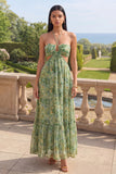 Vestido Maxi de la línea A con recortes con corte halter, floral verde polvoriento