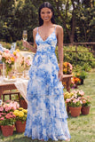 Blanco azul con tirantes finos florales Un vestido largo con volantes en línea