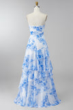 Vestido largo de tirantes A Line, blanco azul, floral y con volantes