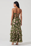 Vestido largo de sirena con volantes y floral verde oscuro sin tirantes recortados