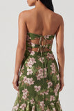 Vestido largo de sirena con volantes y floral verde oscuro sin tirantes recortados