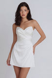 Mini vestido fruncido de satén marfil A-Line Sweetheart