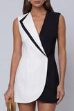 Vestido corto de trabajo sin mangas en solapa negro y blanco
