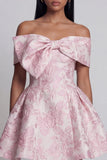 Vestido mini de bienvenida rosa Jacquard A-Line, con hombros y lazo.