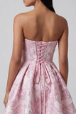Vestido mini de bienvenida rosa Jacquard con volantes y lazo, línea A