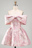 Mini vestido de bienvenida Jacquard rosa A-Line con hombros descubiertos y lazo