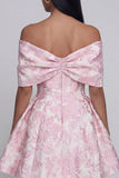 Mini vestido de bienvenida Jacquard rosa A-Line con hombros descubiertos y lazo