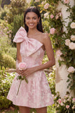 Vestido mini de bienvenida rosa Jacquard de un hombro con lazo