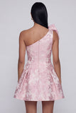 Vestido mini de bienvenida rosa Jacquard de un hombro con lazo