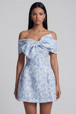 Vestido de bienvenida mini azul Jacquard A-Line con lazo